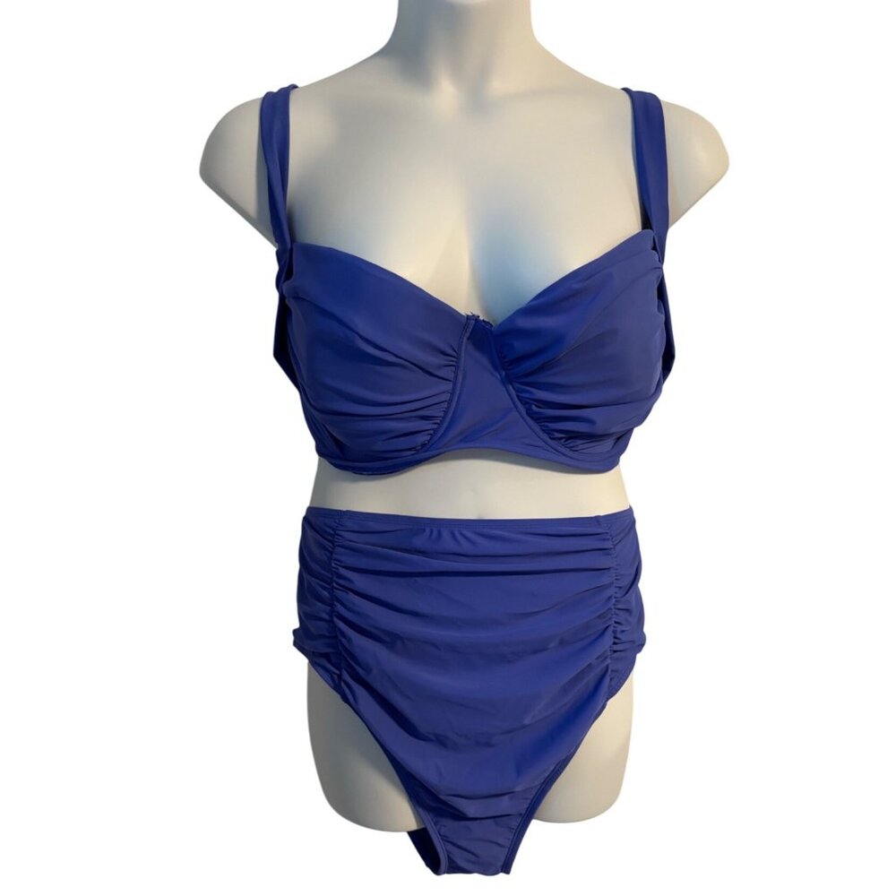 Blue Bikini Set Ruched Swim Bikini Top Lace Up Back High Waisted Bottom Size 3X